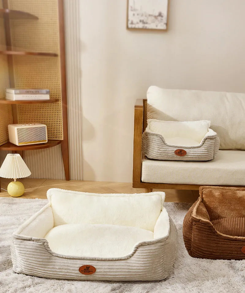 Removable cover pet bed in sofa style for small and medium dogs, shown in coffee colour