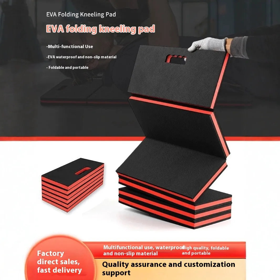 Grey EVA foam folding kneeling mat for car repair and maintenance tasks.