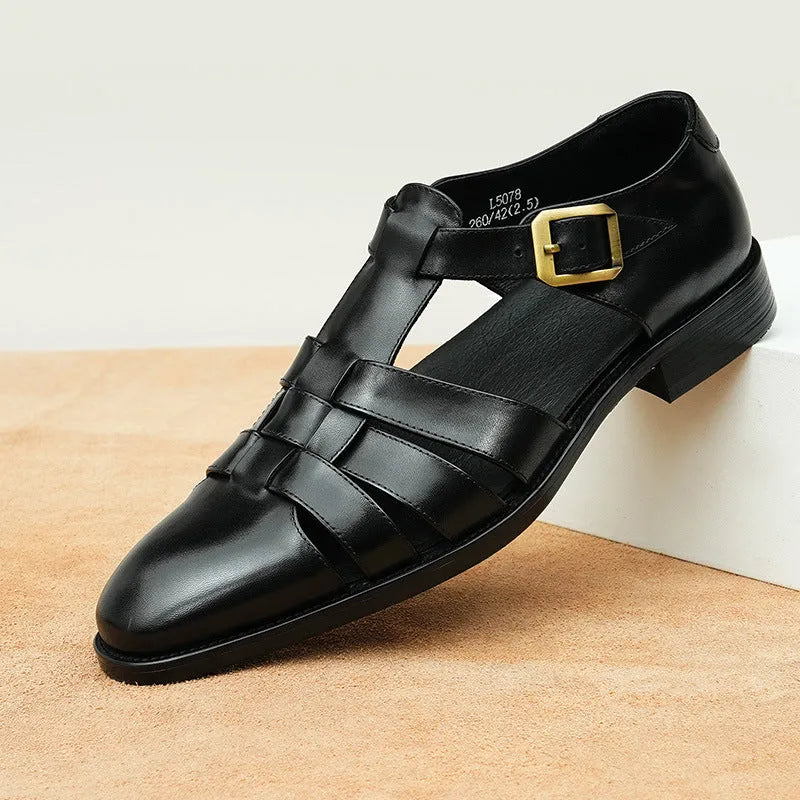Men's black genuine leather retro sandals with open design and rubber sole.