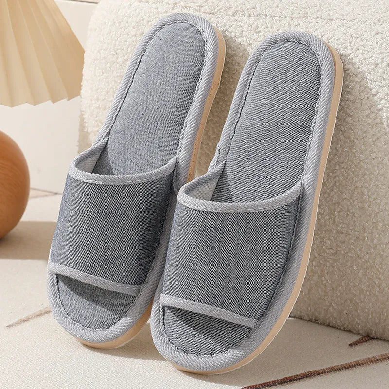 Women's open-toe cotton linen slippers in various colours with thickened soles