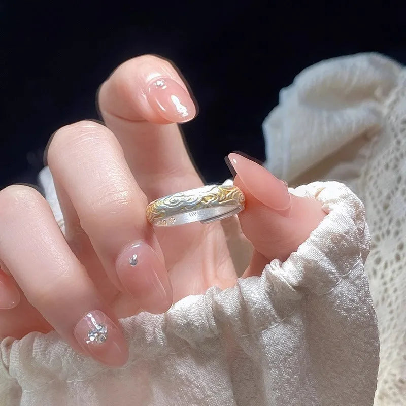 White copper open mouth ring with Xiangyun pattern and electroplated silver gold finish
