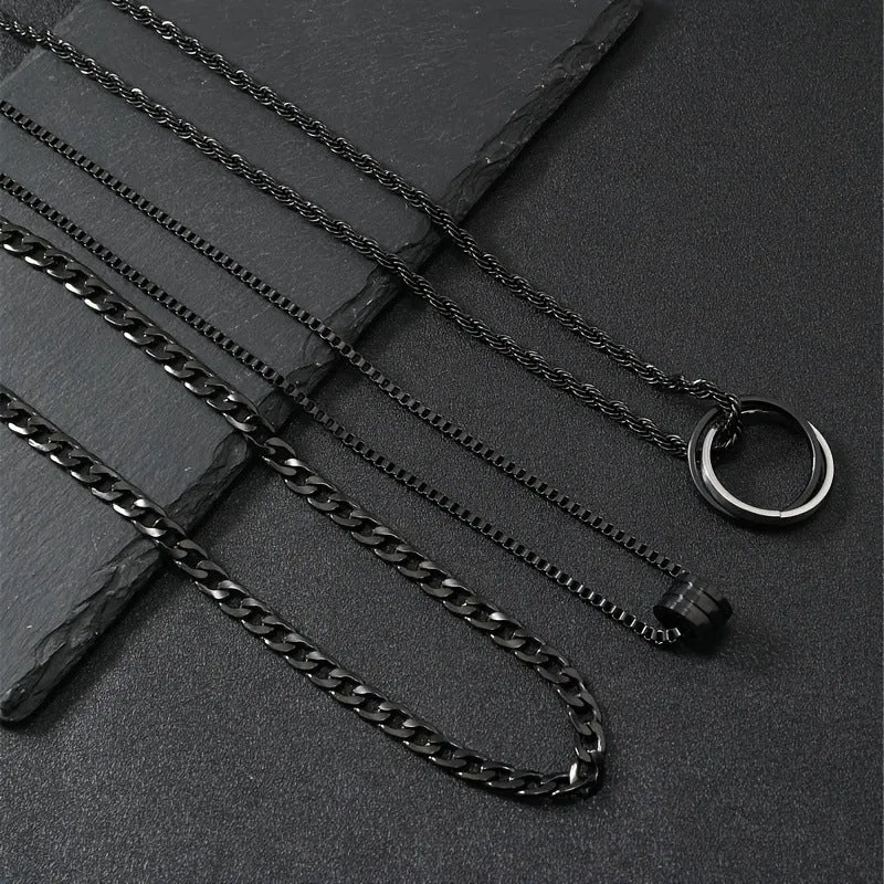 Black three-piece men's hip hop necklace set with cylindrical titanium steel ring pendant