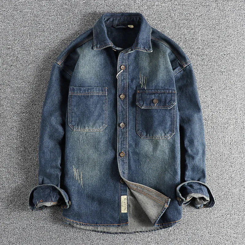 Men's light blue vintage washed denim shirt with long sleeves and loose fit