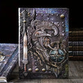 Creative retro A5 leather notebook with 3D warriors relief embossed cover, shown open on durable paper pages.
