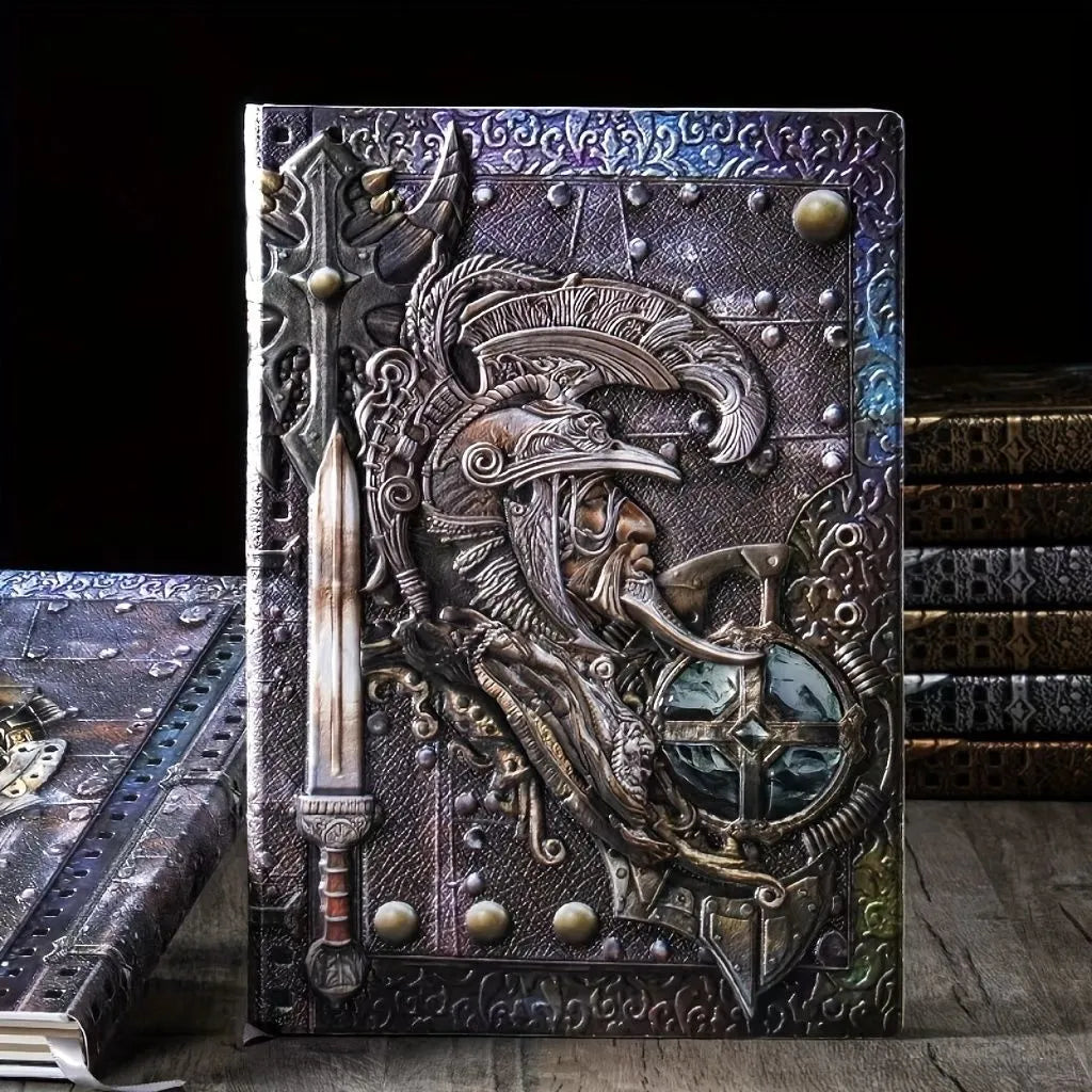 Creative retro A5 leather notebook with 3D warriors relief embossed cover, shown open on durable paper pages.
