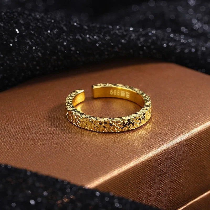 Vietnam placer gold open ring for women, copper with electroplated yellow gold finish, geometric starry sky pattern, adjustable forefinger ring