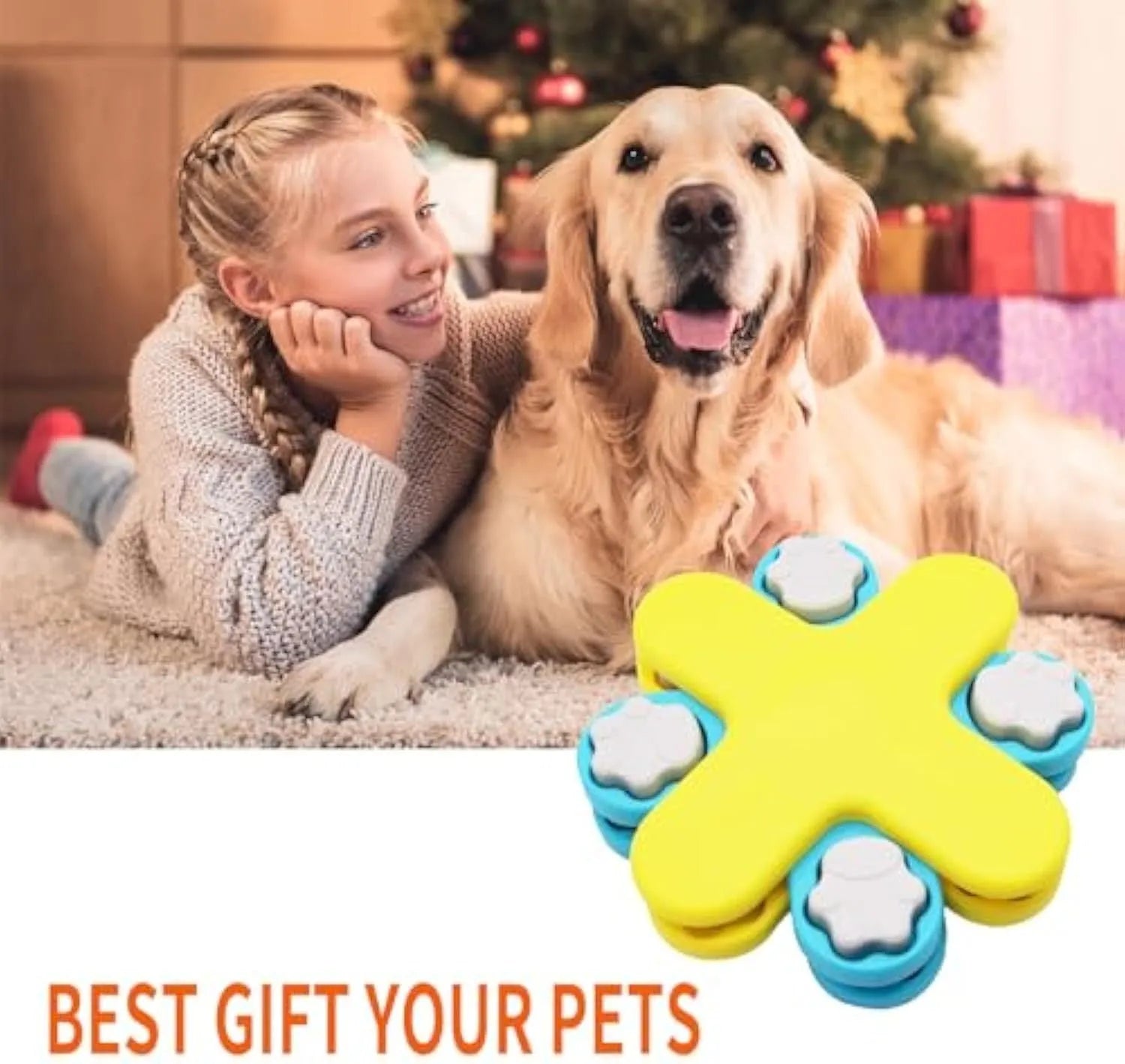 Yellow three-layer rotating dog puzzle feeder bowl with anti-slip base.