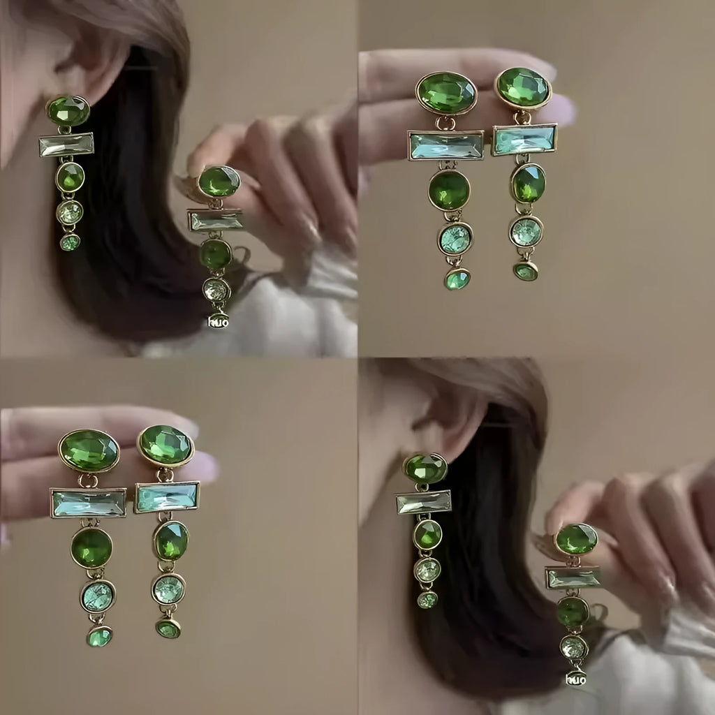 Retro green gradient tassel clip-on earrings with inlaid zircon, alloy geometric shape, women's Chinese style studs