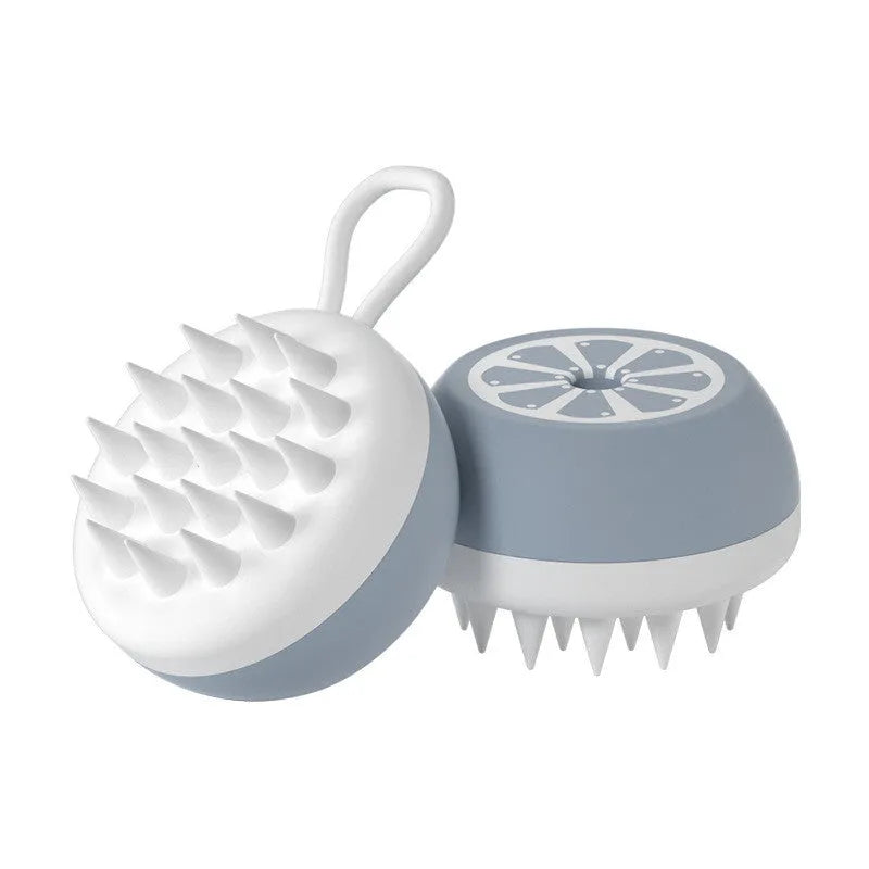 A soft silicone pet bath brush in yellow, shown with both a combed hair side and a 3D massage head side for dog and cat grooming.
