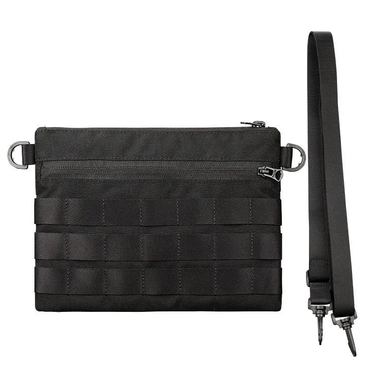 Black Oxford cloth portable outdoor organiser kit measuring 18 by 3.5 centimetres