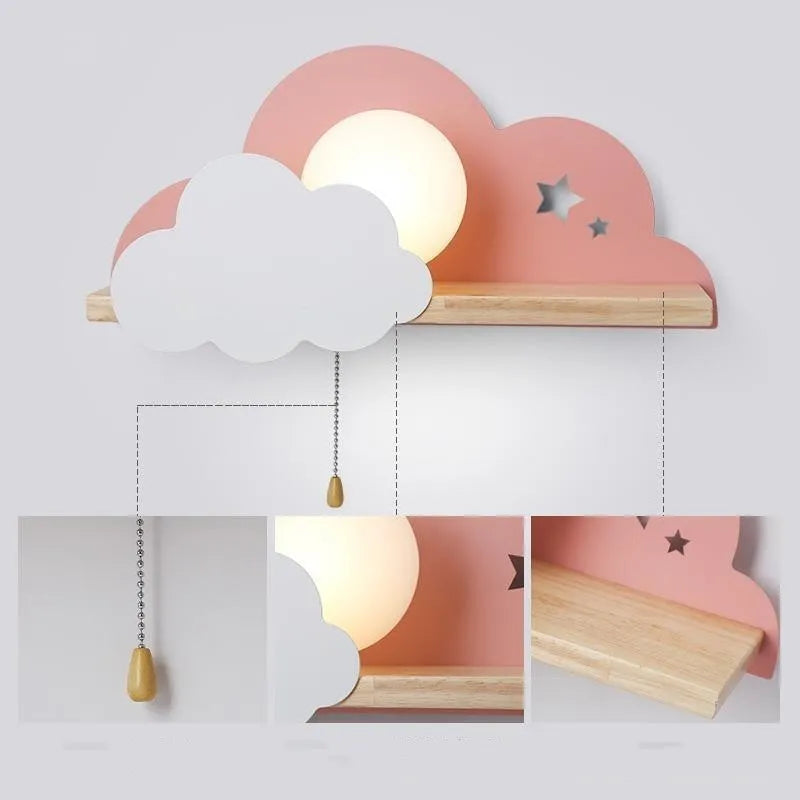 Glass cloud-shaped wall lamp with E27 bulb holder in grey, pink, or white finish.