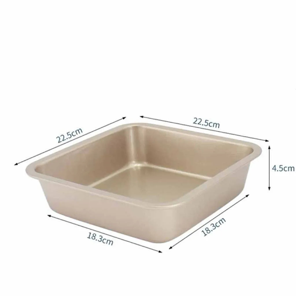 Square carbon steel pizza baking pan with silicone Teflon coating, 8 inch, gold finish on white background