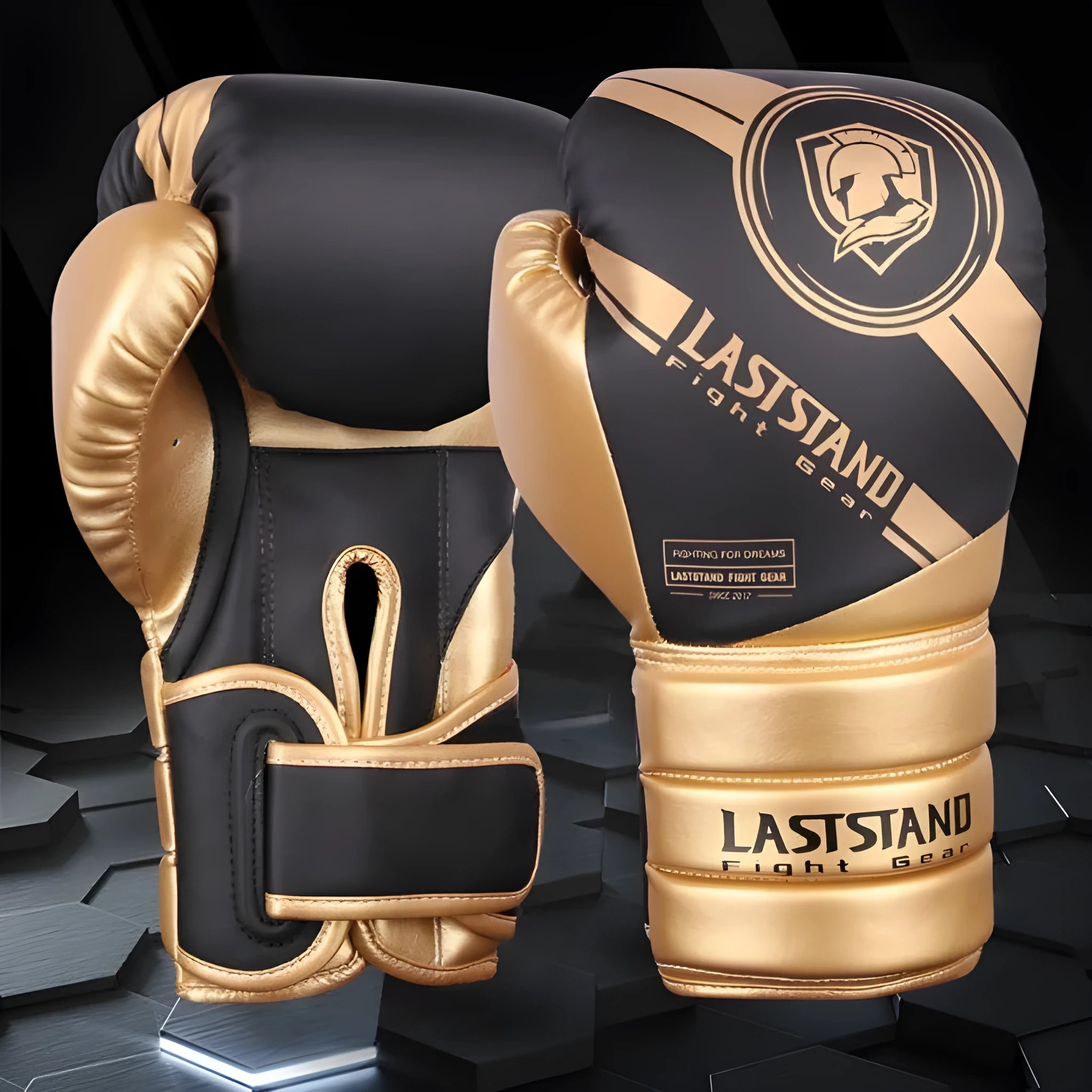 Professional vertical style PU boxing gloves for Sanda training, shown in multiple colour and weight options.
