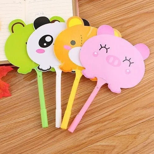 Promotional plastic fan pen with novelty character refills including kitten and unicorn designs