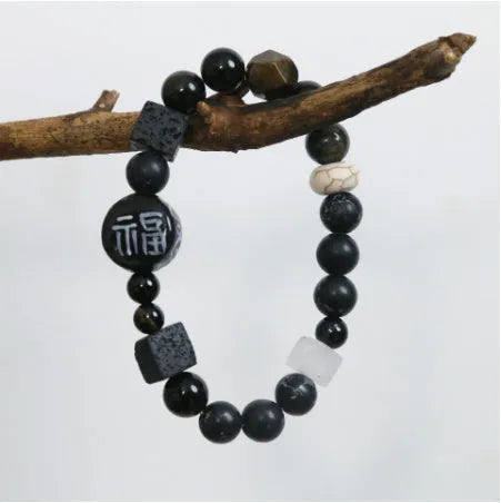 Hand-woven natural black agate and ceramic bracelet with geometric round bead design