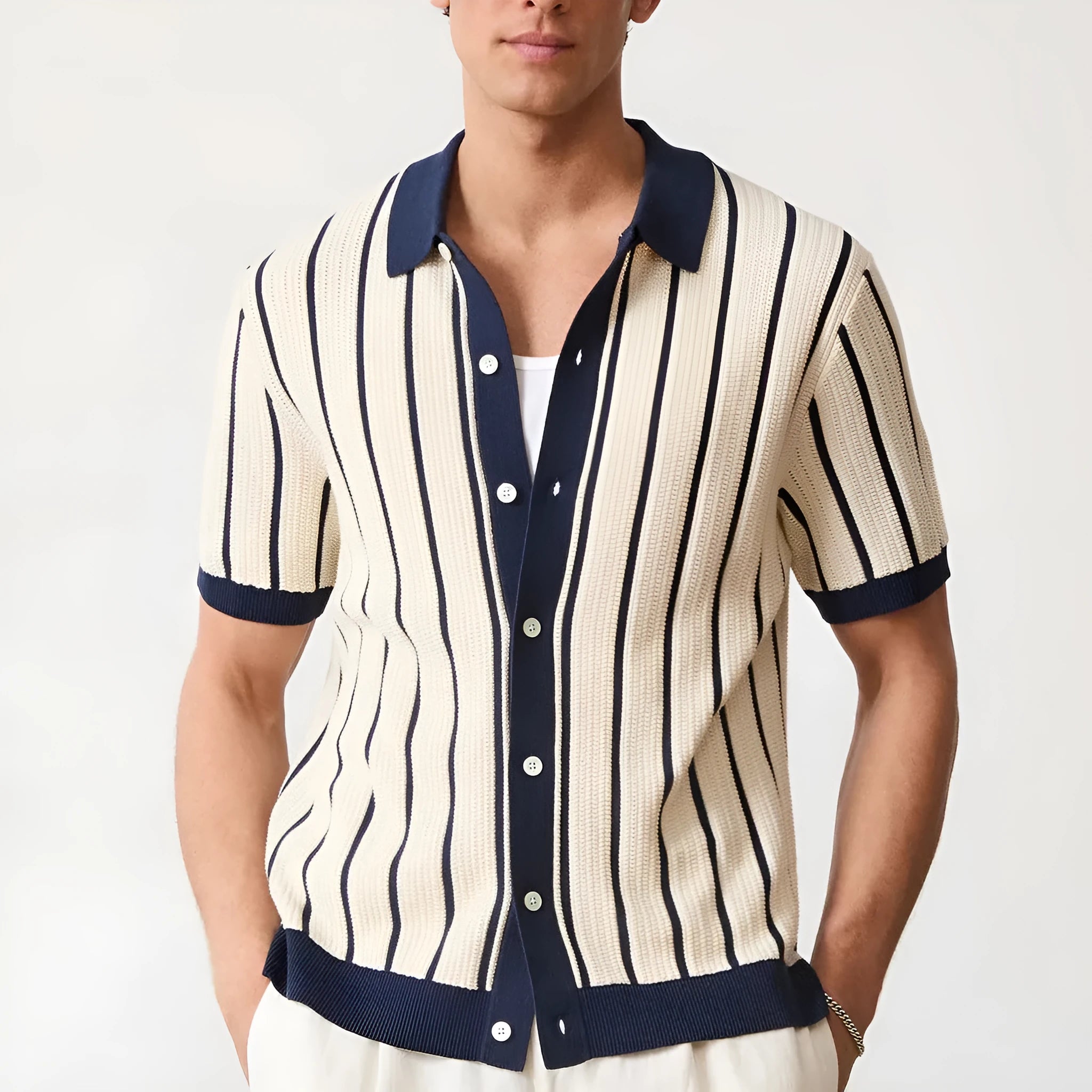 Men's white asymmetric lapel knitted polo shirt in ice silk fabric with spandex