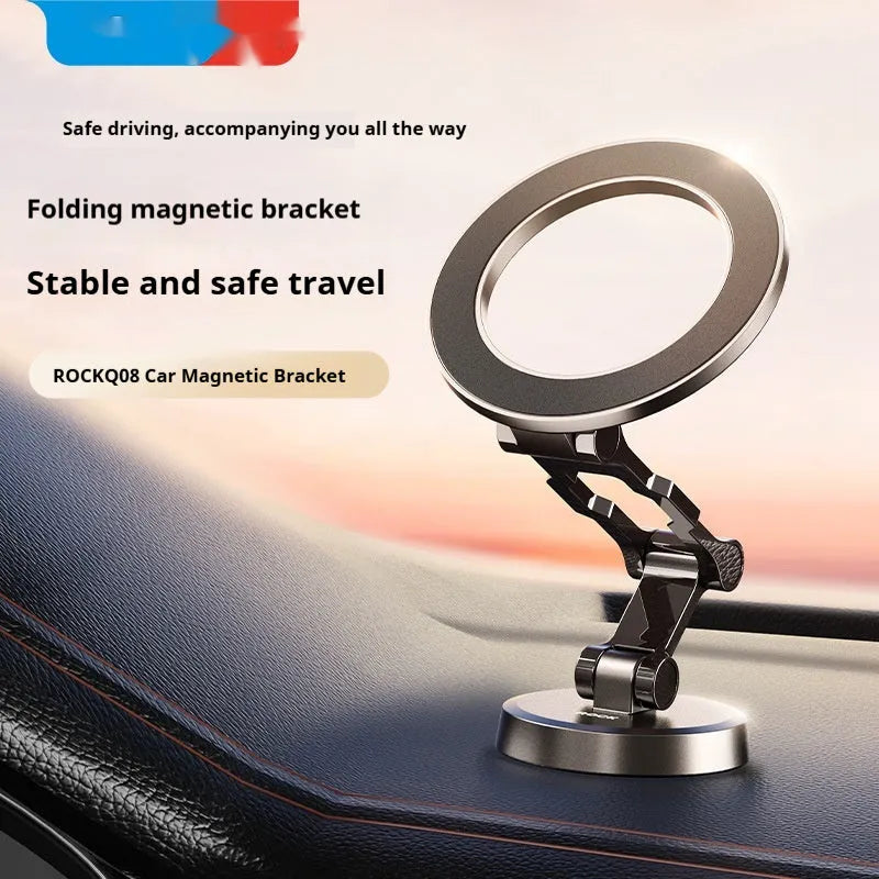 Car magnetic foldable metal bracket in black mounted on dashboard with phone attached