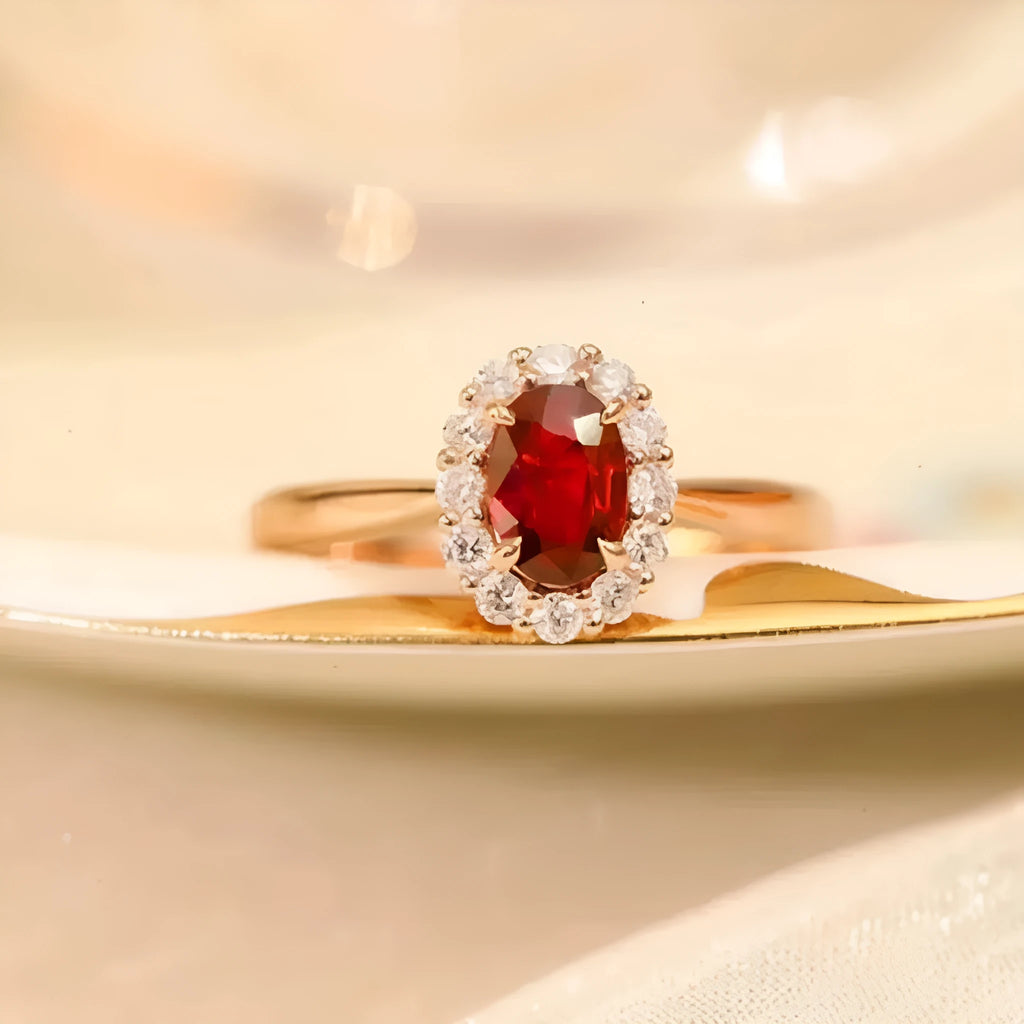 Gold Pigeon silver-plated ring with red blood gemstone and flower pattern, side view on white background