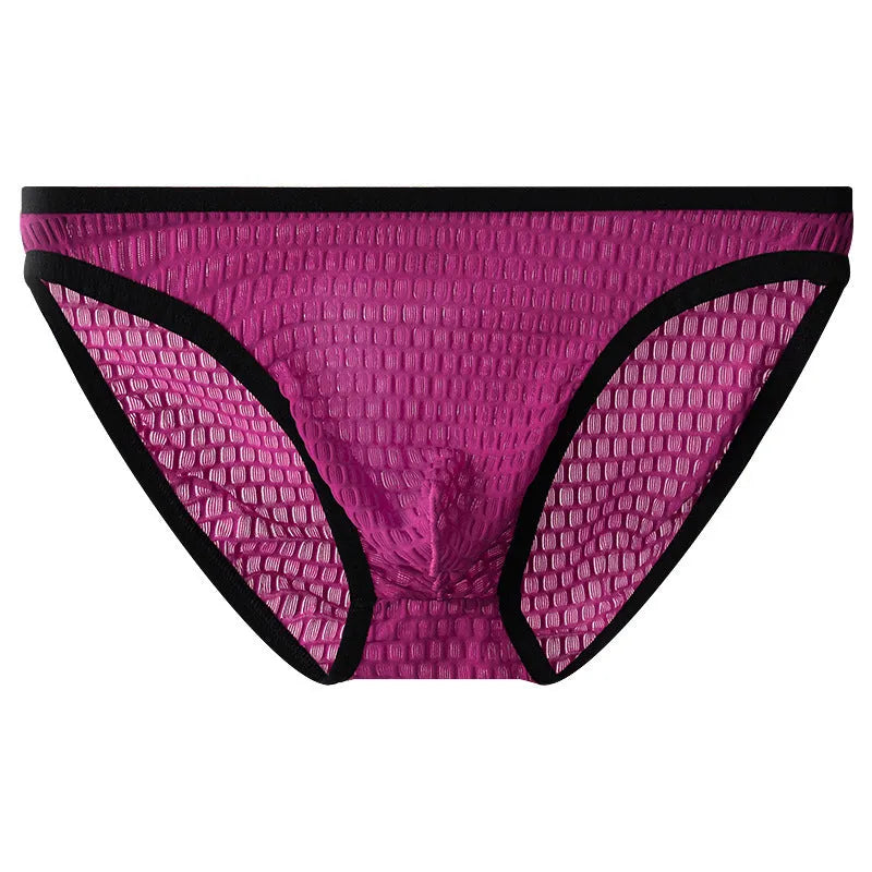 Men's low waist transparent lace underwear in black on a mannequin.