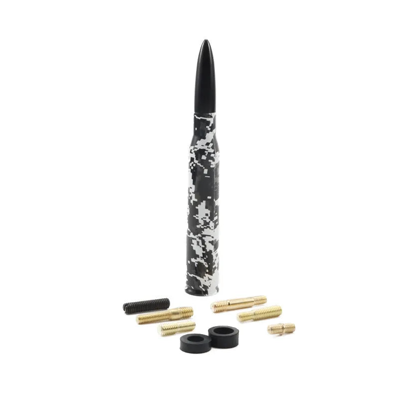 Bullet-style car antenna in camouflage green, black, or American flag design, showing 14cm length.