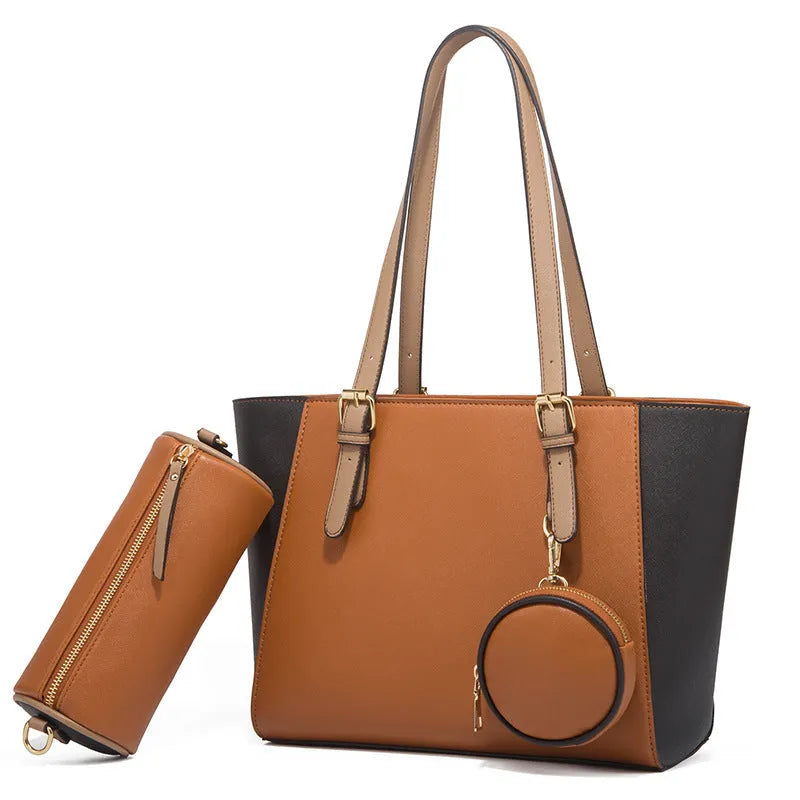 Fashion large capacity three-in-one PU Saffiano bag set in khaki with contrast colour details and double shoulder straps