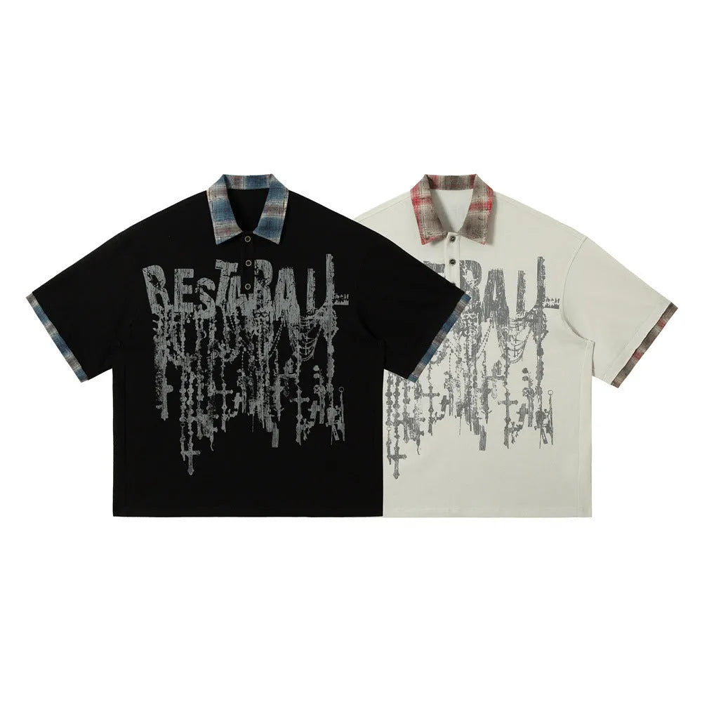 Men's loose blue cotton top with graffiti print on lapel and asymmetrical cut