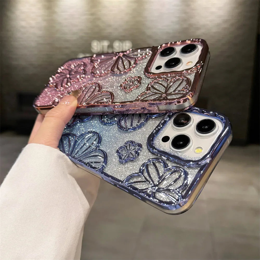 Electroplating glitter flower TPU soft shell phone case for Apple iPhone with silver pink blue black gold purple colour options