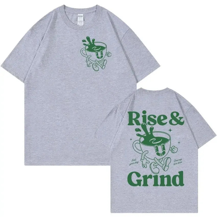 A loose-fit linen T-shirt with a Rise And Grind Green Coffee cartoon print, shown in one of ten available colours.