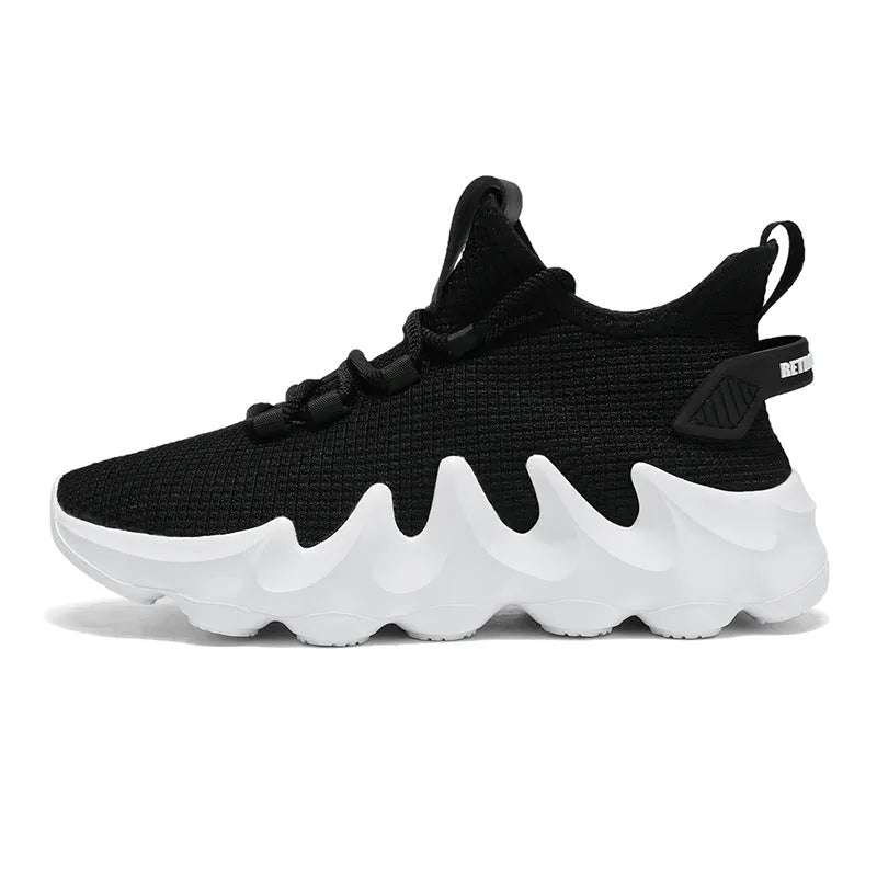 Men's black sock-like casual shoes with lace-up front on a flat heel, wear-resistant sole.