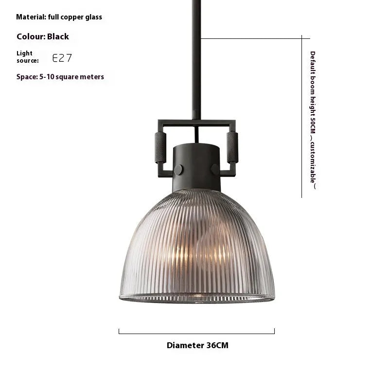 American retro striped glass chandelier with copper metal frame and transparent glass cover, 36cm diameter