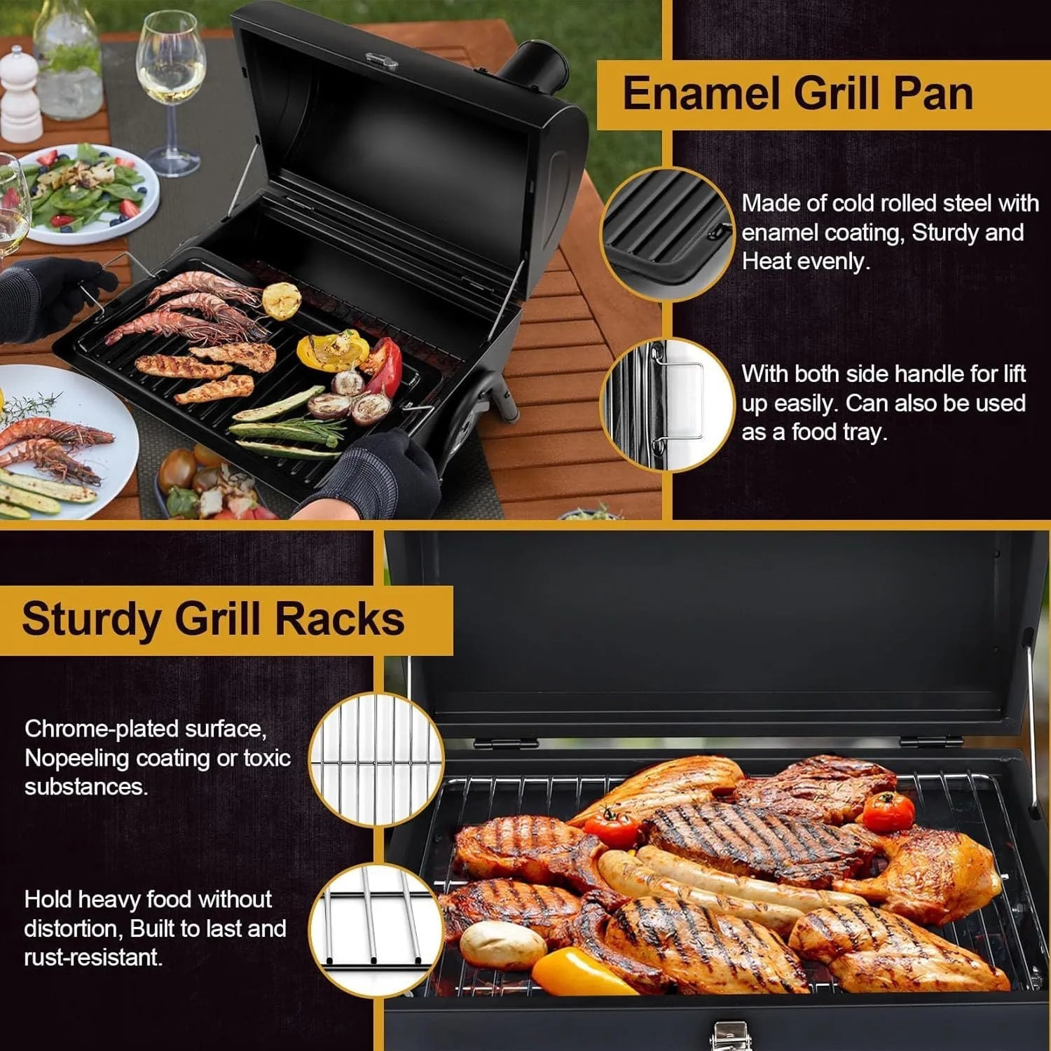 Small black folding desktop charcoal barbecue grill with a metal grill.