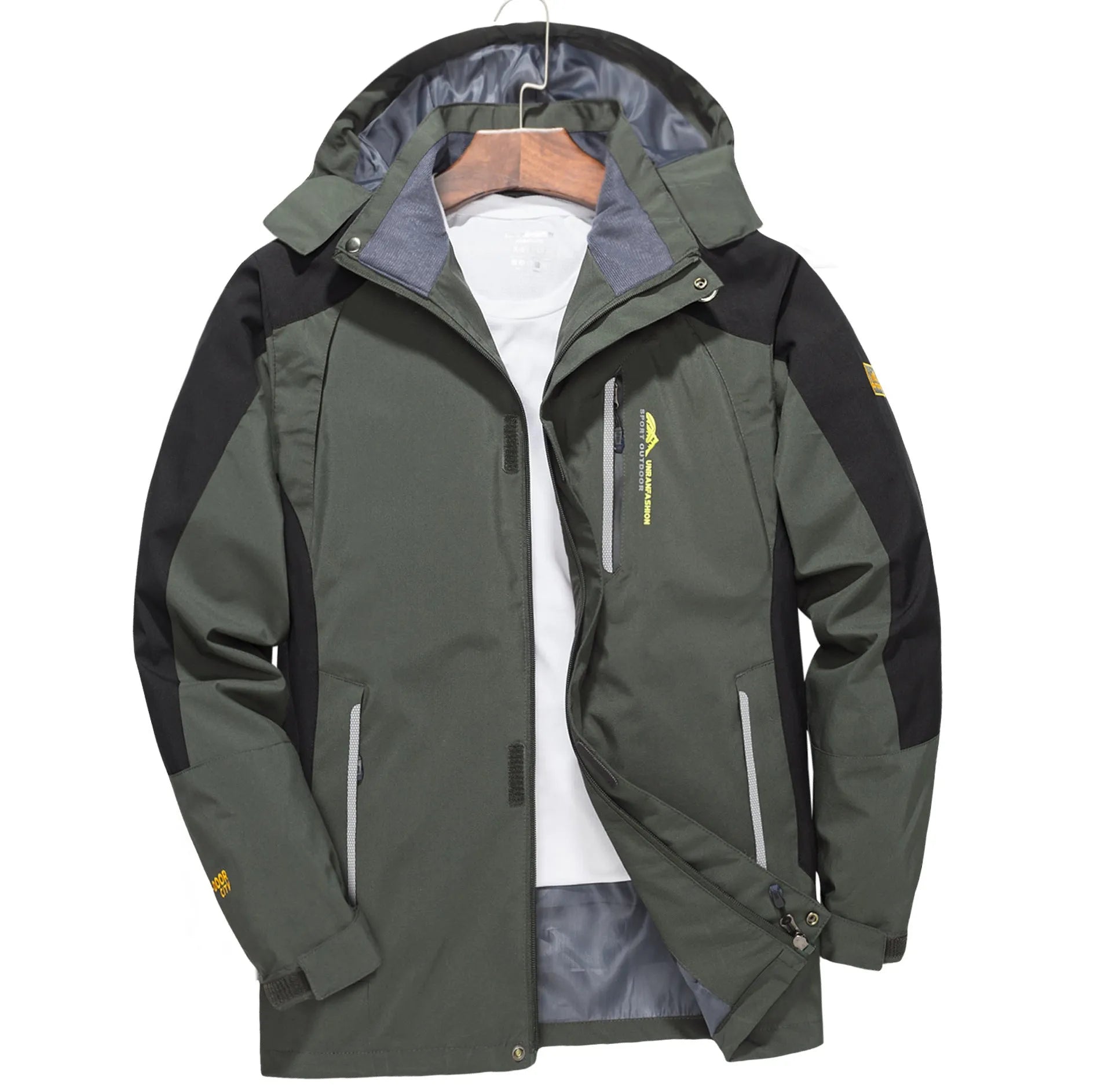 Men's windproof waterproof outdoor windbreaker thin jacket in solid colour, polyester fibre, front view