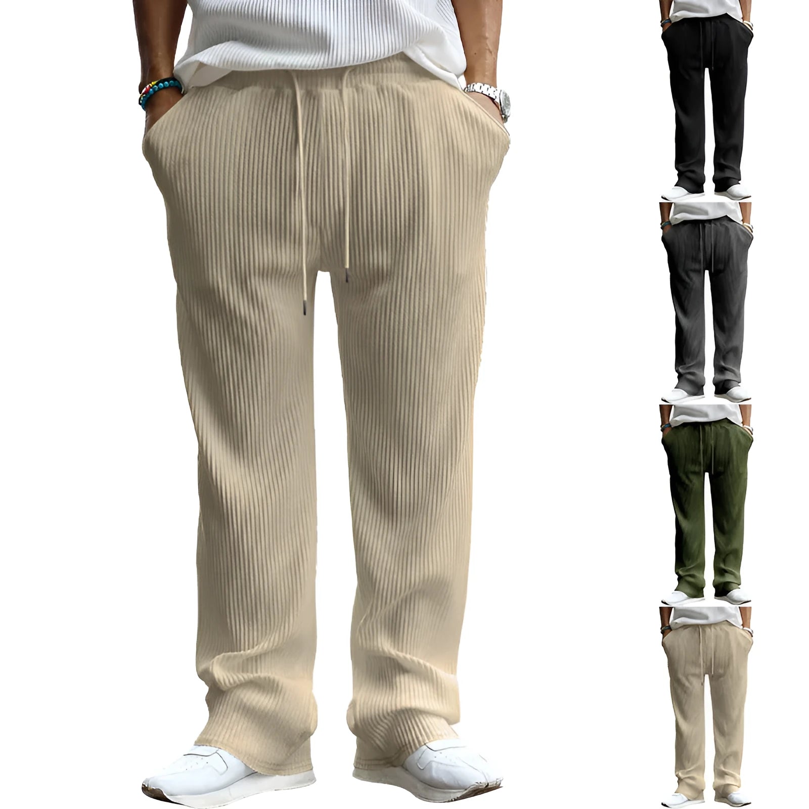 Men's casual high-waist straight-leg trousers in Army Green showing loose fit and striped design