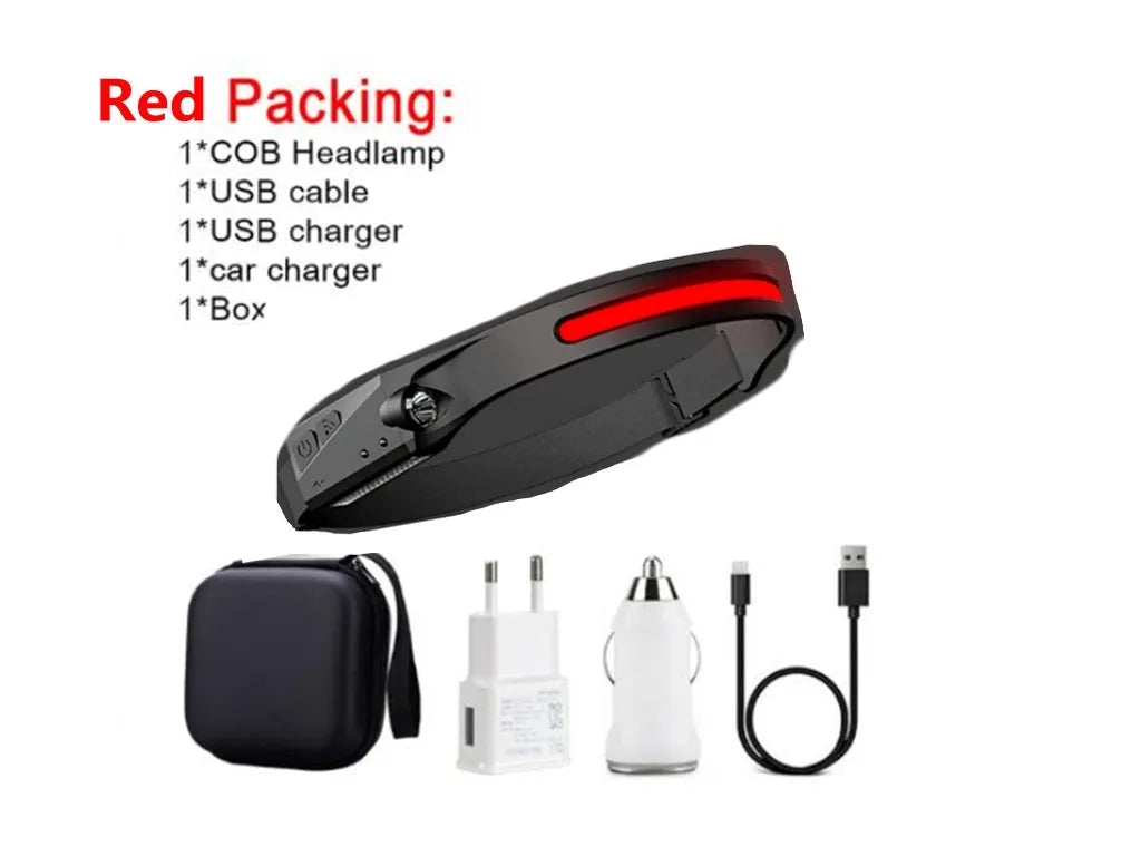 Black silicone USB rechargeable LED headlamp with side wave sensor, showing wide beam and long-range lighting.