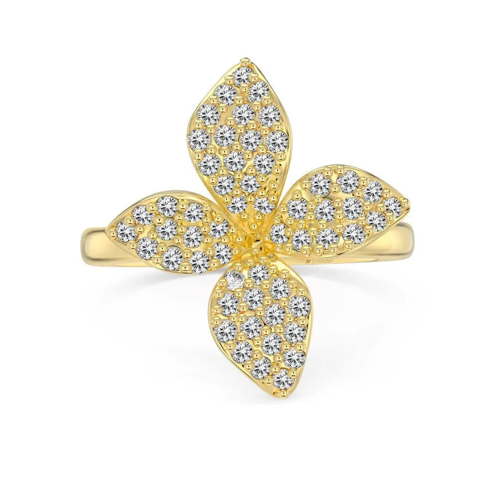 925 silver flower design open ring, necklace, and earring suite with white zircon inlay on a white background