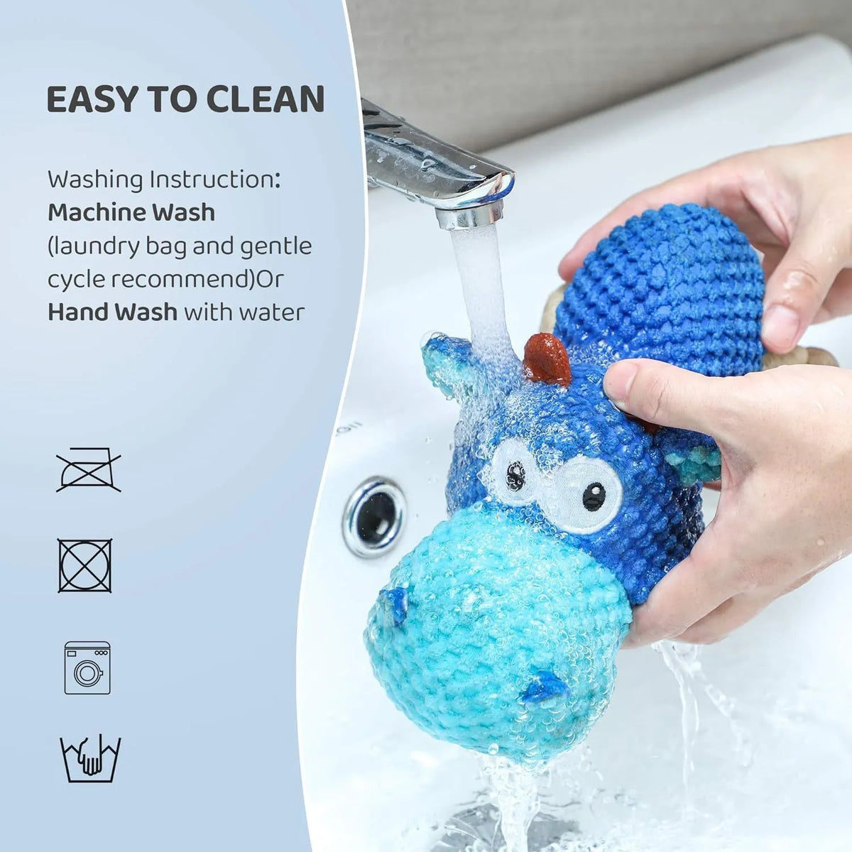 Blue plush dog toy for aggressive chewers with reinforced seams and squeaker