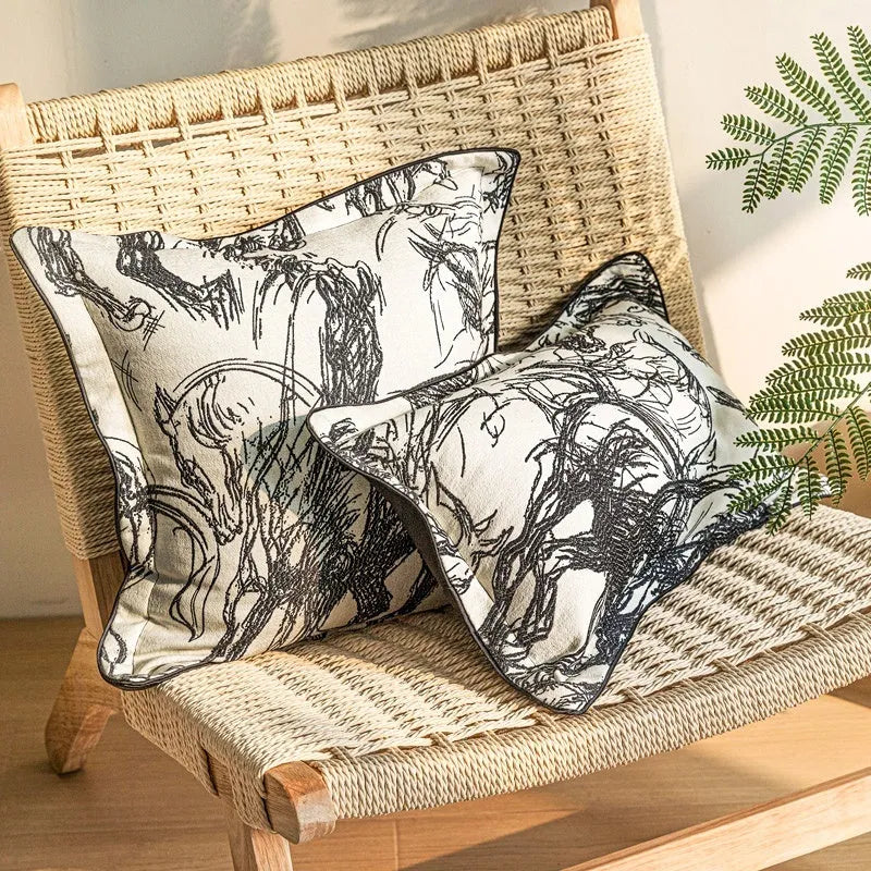 Close-up of a golden horse abstract design on a textured jacquard cushion cover in a choice of colours.