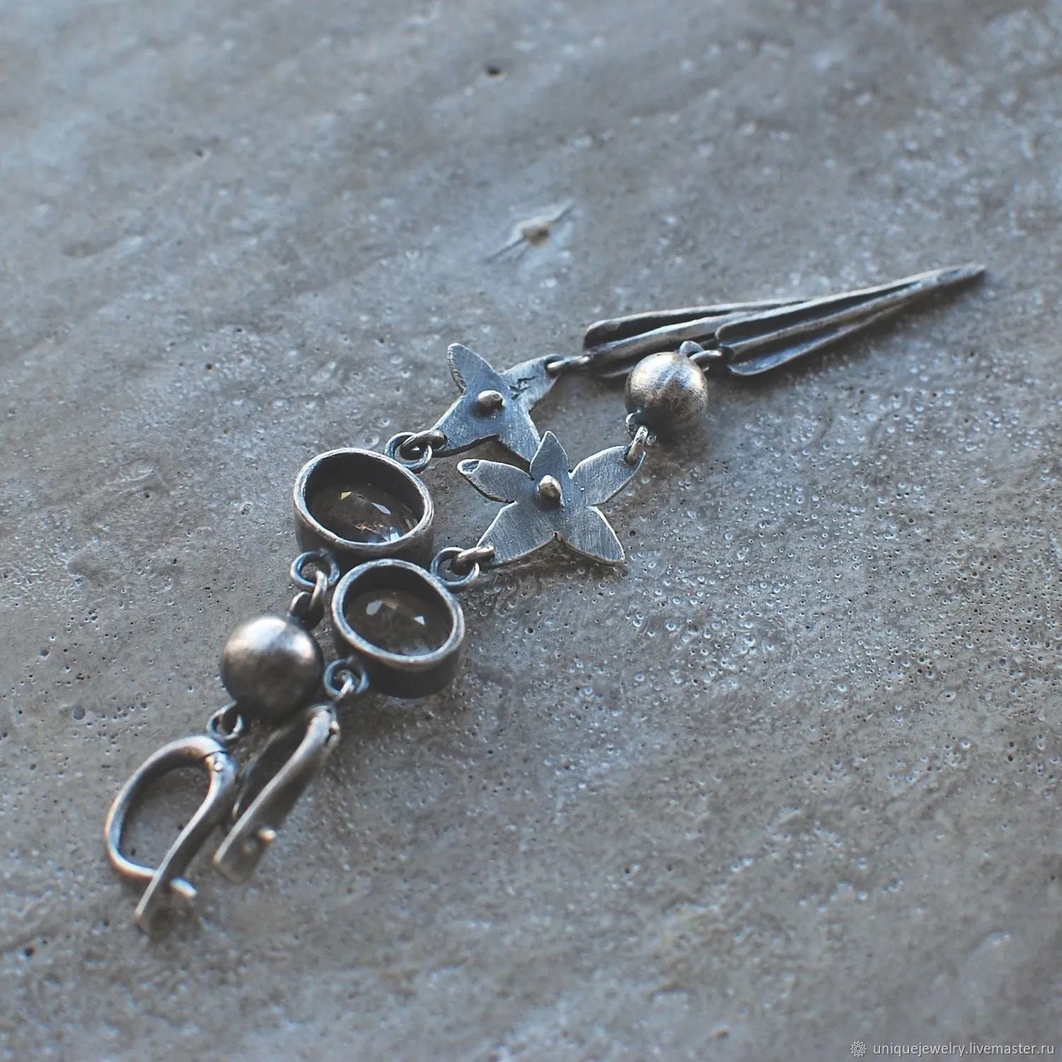 Hesheng geometric pendant earrings in antique silver with XINGX rhinestone design
