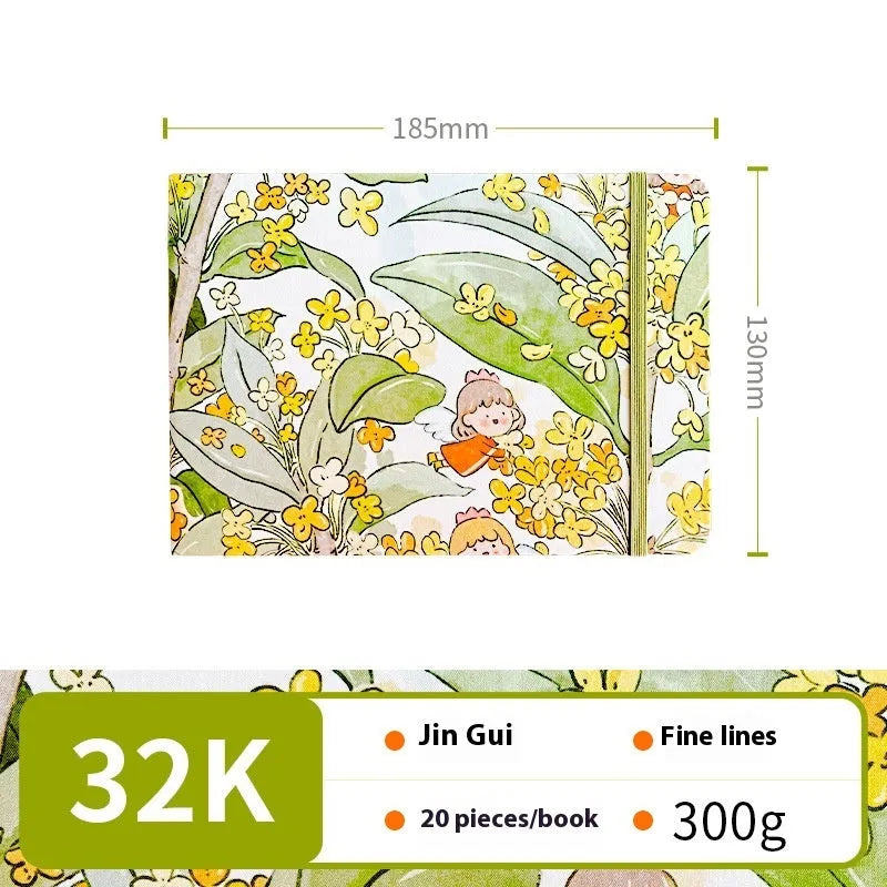 Feiluniao handmade fabric watercolour notebook with illustrated cover, open to show blank paper pages.
