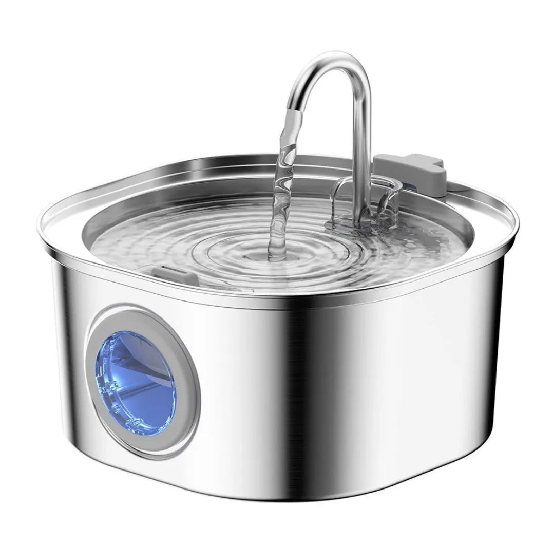 Stainless steel pet water dispenser with large 4-litre tank and selectable water outlet design