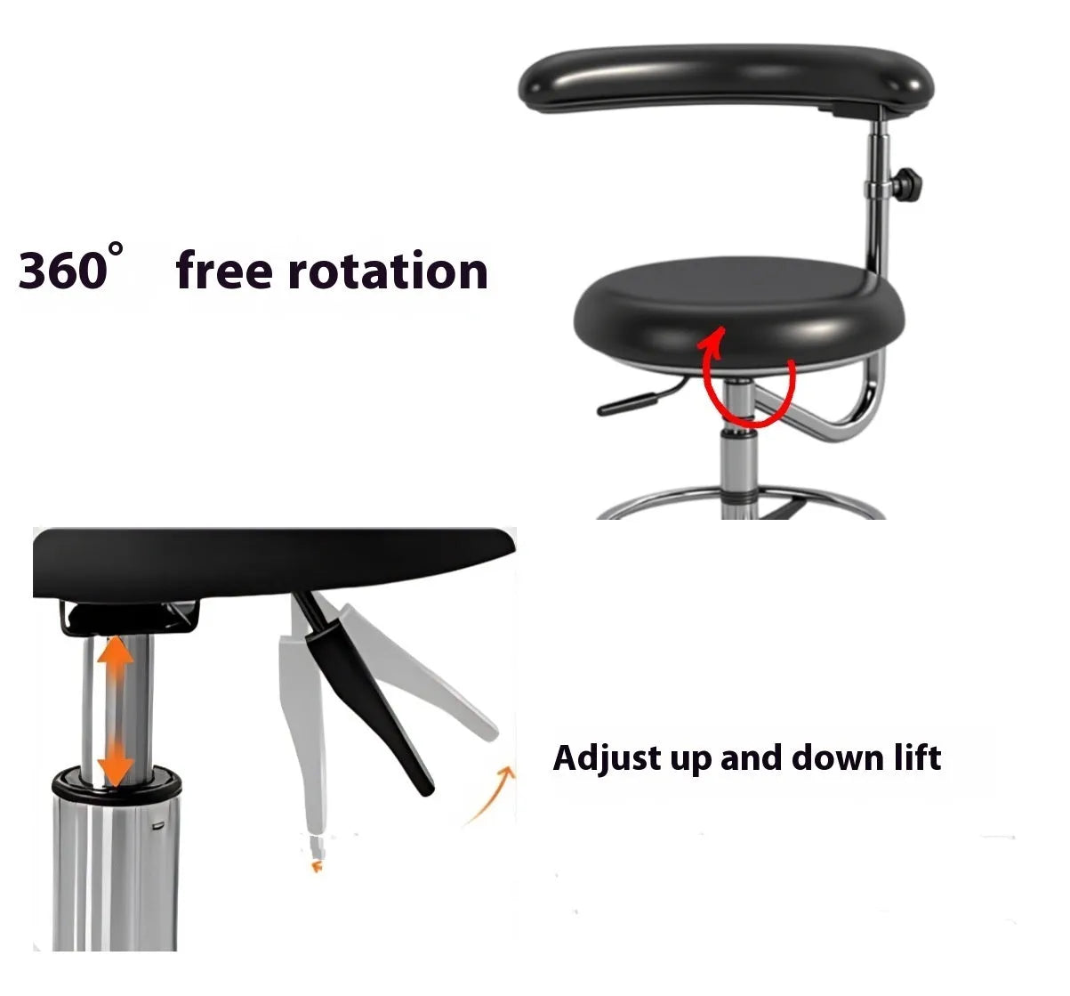 Black leather dental nurse chair with lift mechanism and casters