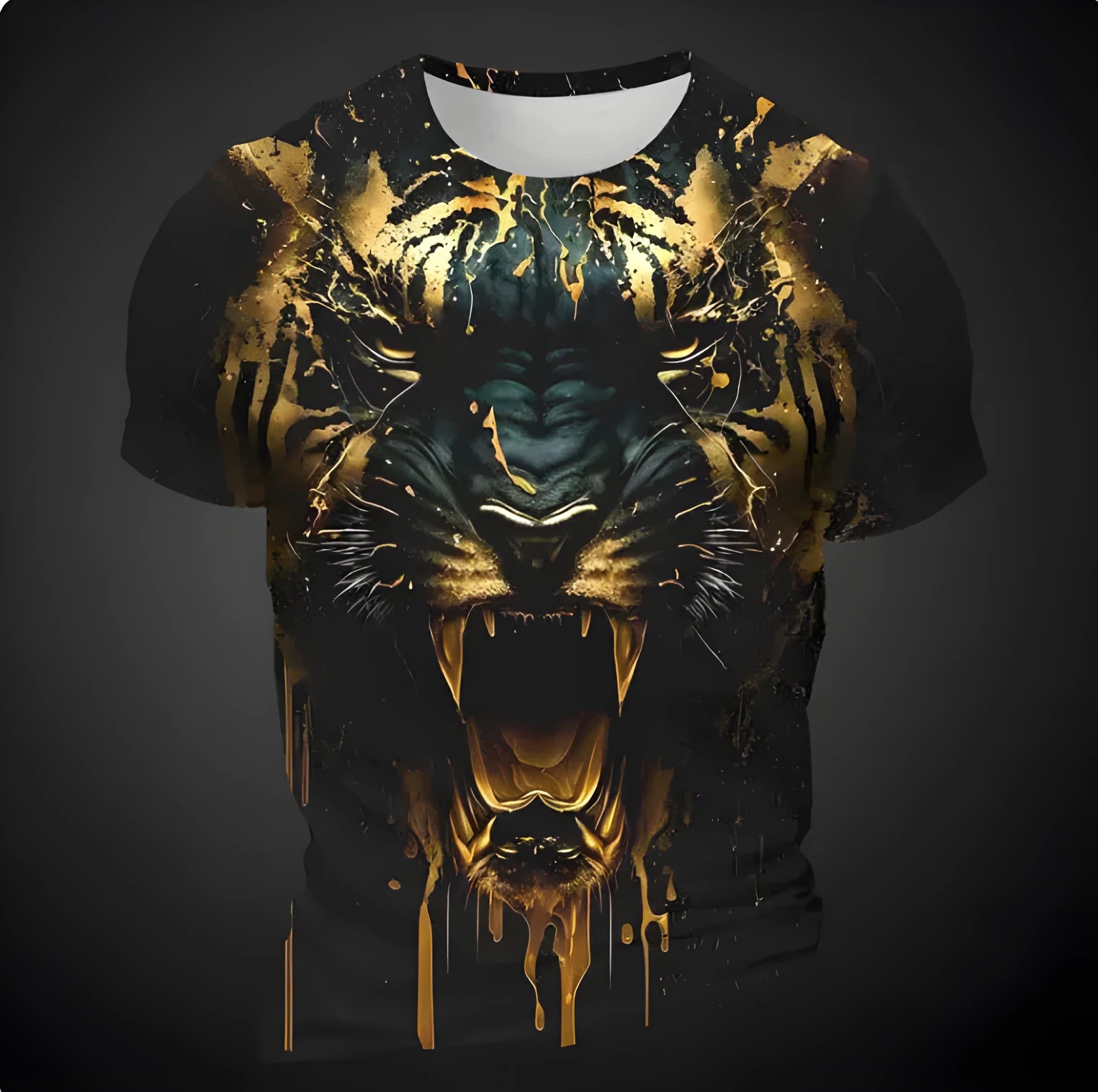 Men's grey short sleeve T-shirt with a detailed 3D tiger face digital print on the front.