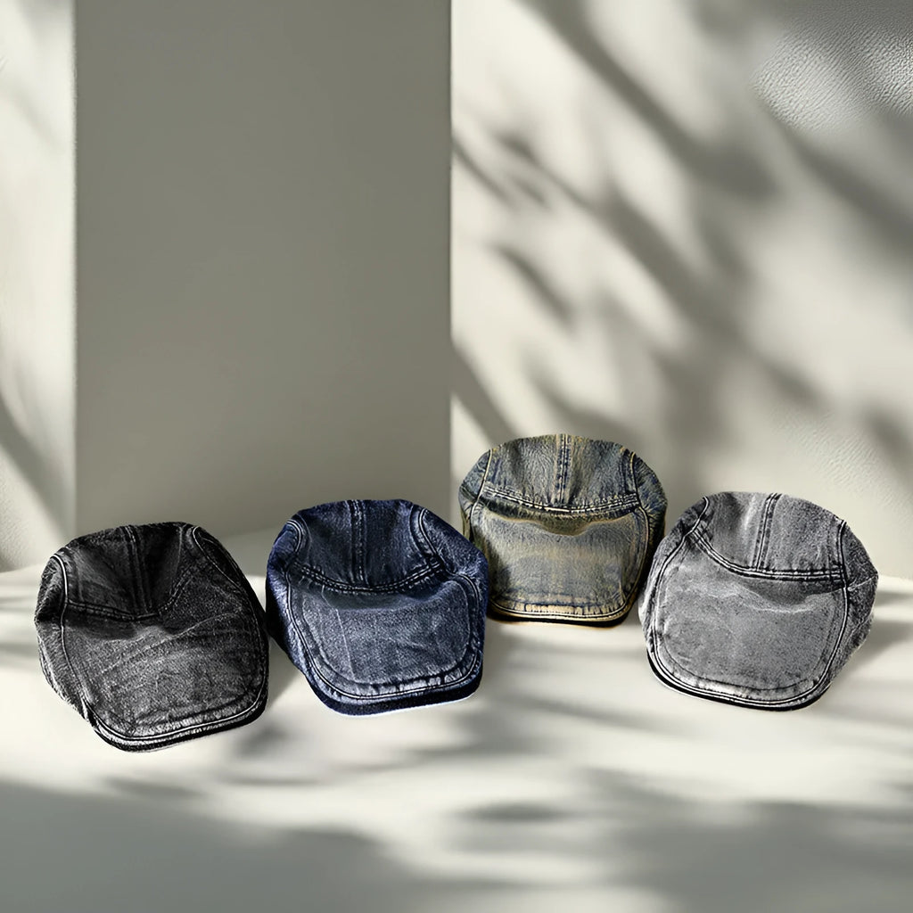 Men's forward baseball cap style hat with flat top crown design in denim blue cotton fabric