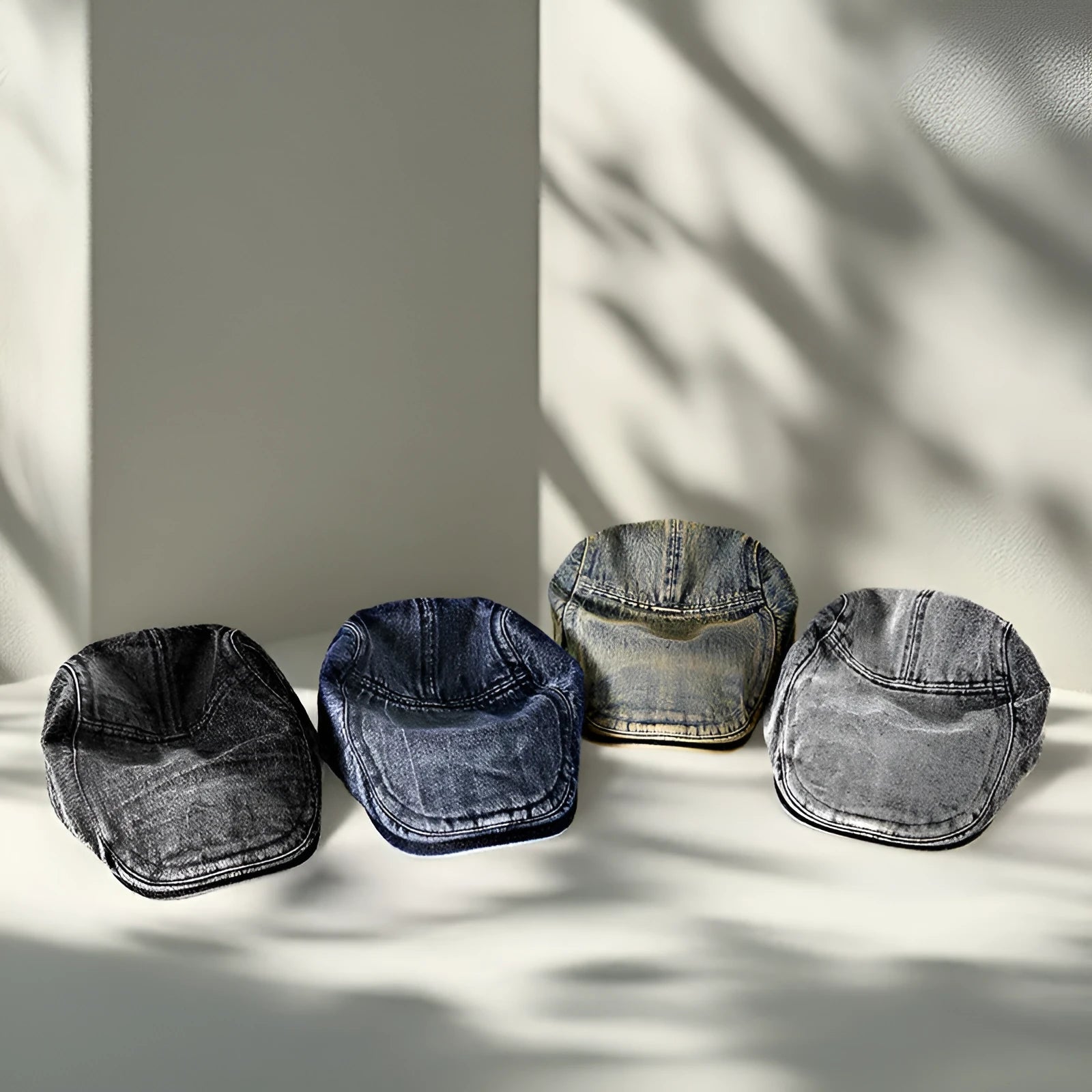 Men's forward baseball cap style hat with flat top crown design in denim blue cotton fabric