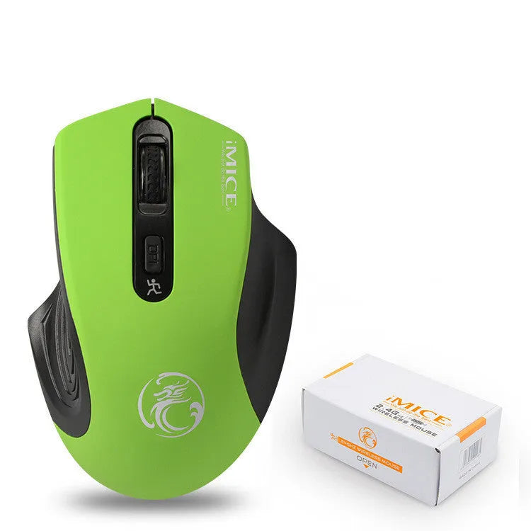 2.4G wireless silent mouse in black with ergonomic design, four buttons, and four-way scroll wheel