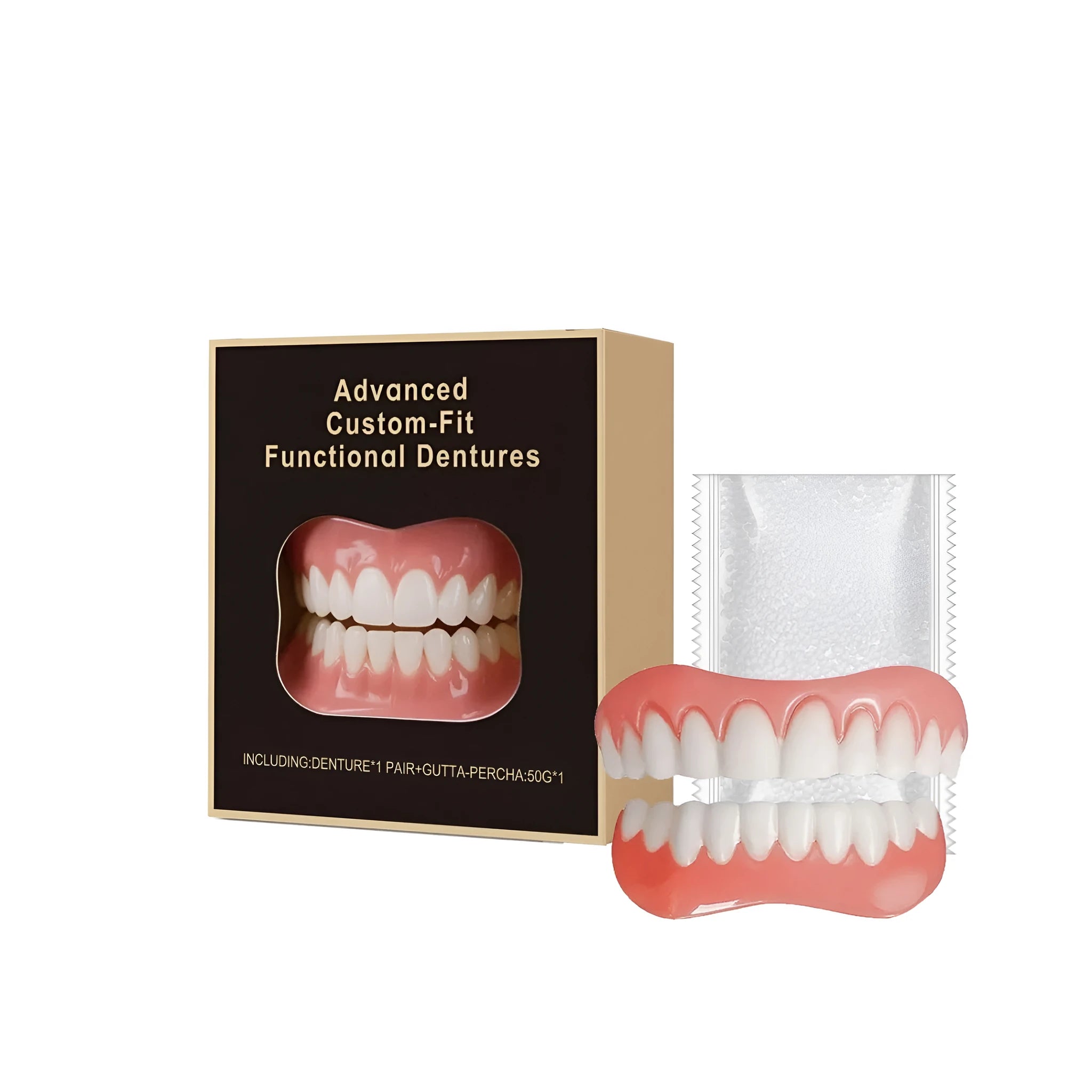 Custom dental dentures set with upper and lower components and gutta percha material