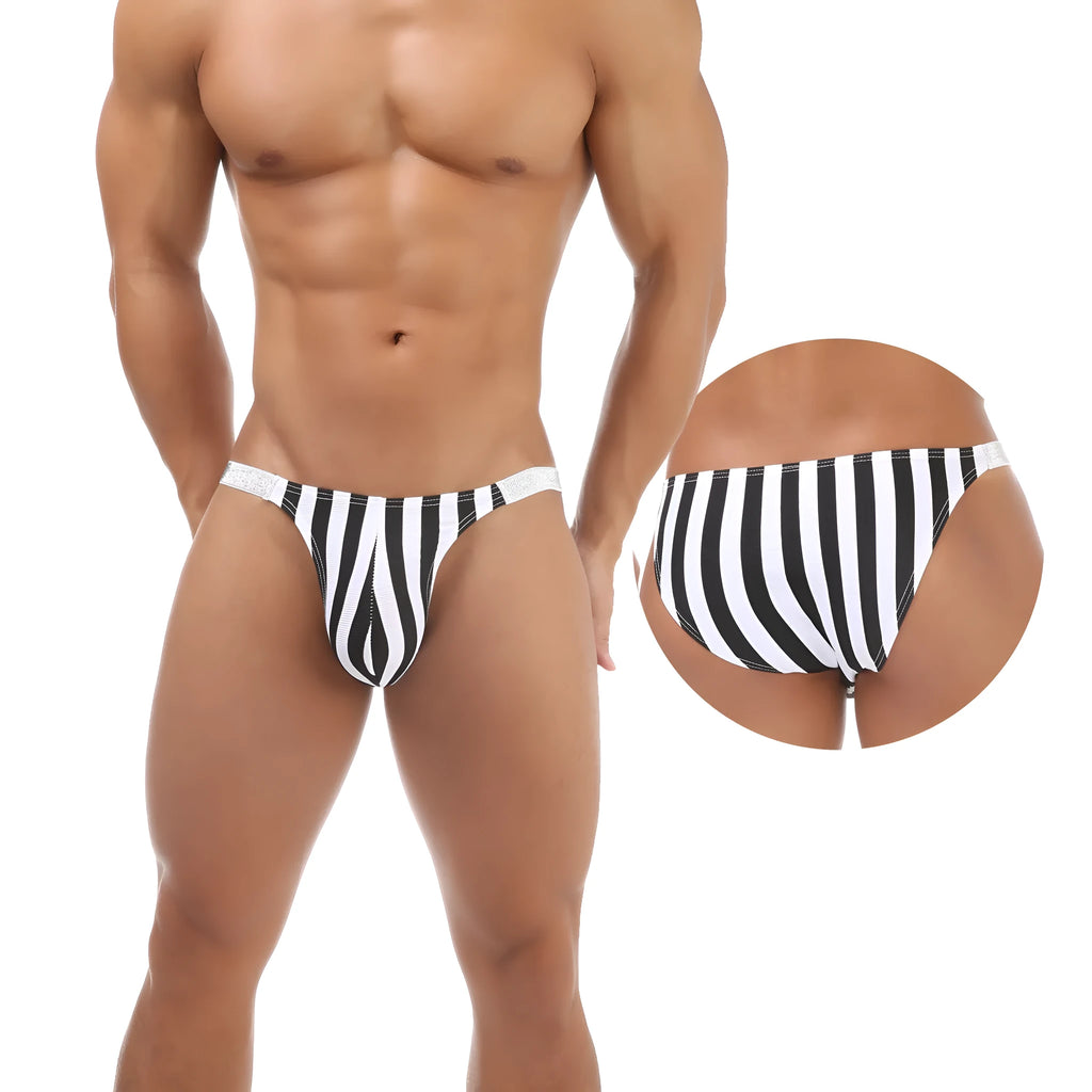 Men's shiny zebra striped nylon briefs with low waist and U pouch design.