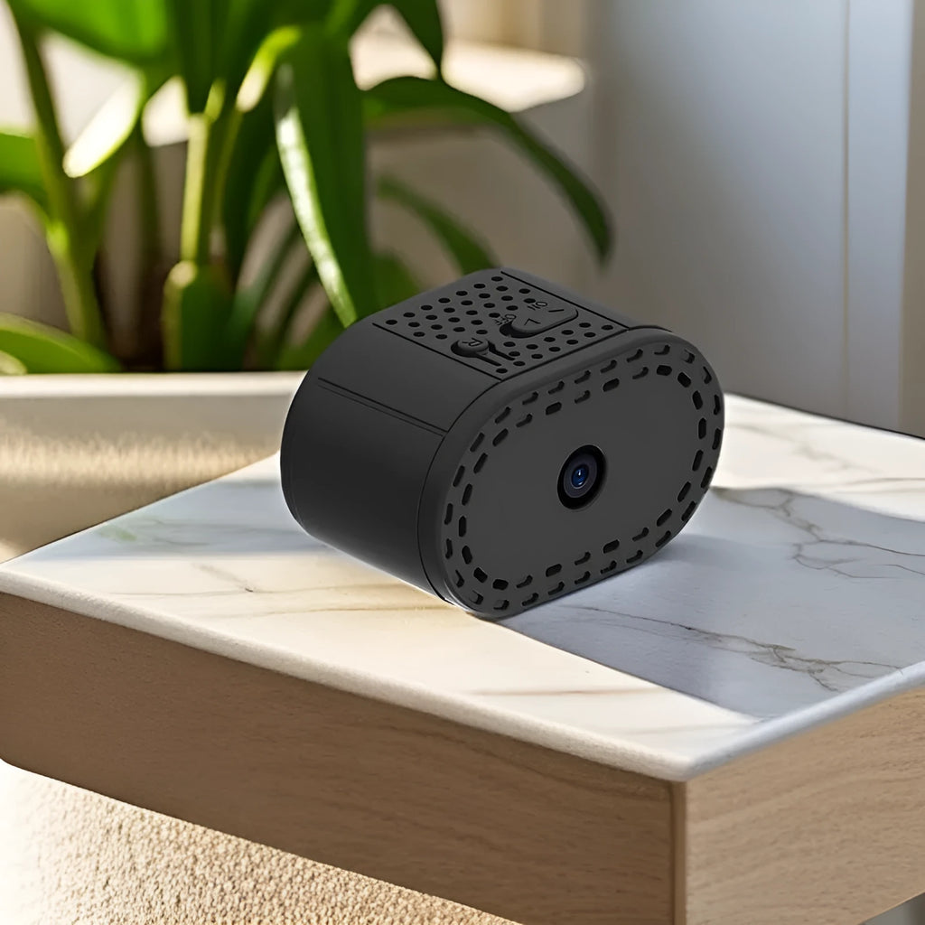 Smart camera wireless WiFi remote monitor black with bracket on shelf