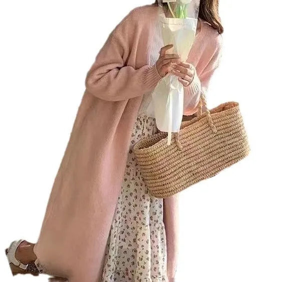Women's mid-length knitted cardigan V-neck thickened loose fit long sleeve polyester coat in khaki