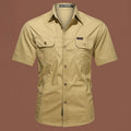 Men's loose-fitting short sleeve cotton work shirt in army green, shown in a cardigan style.